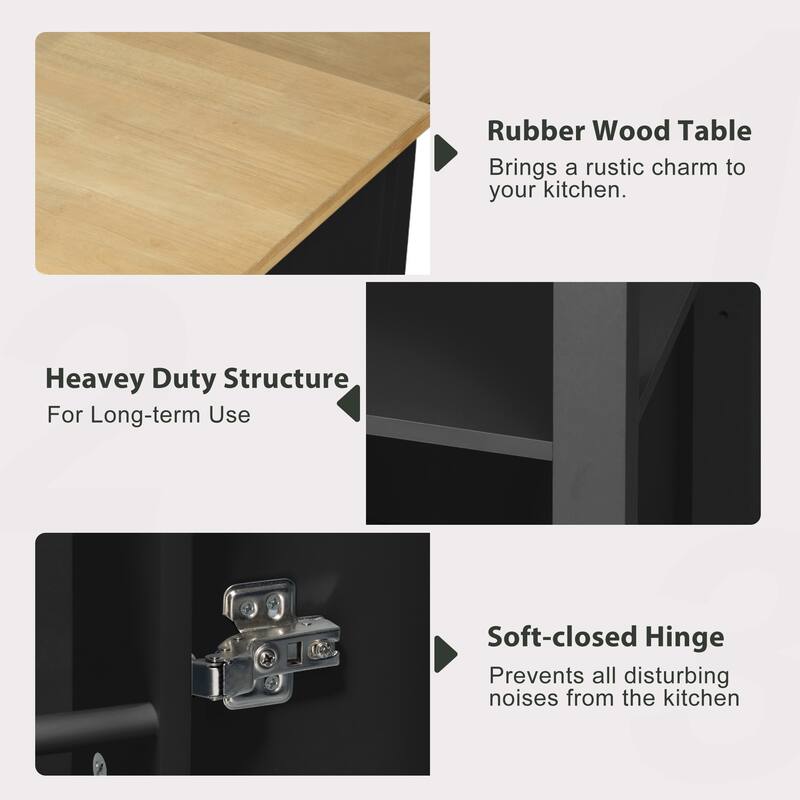 Kitchen Island with Extendable Dining Table,Rubber Wood Veneer Kitchen Table with Internal Storage Rack,Power Outlet - N/A