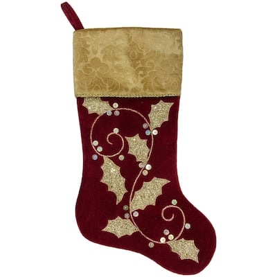 20.5-Inch Velvet Gold and Maroon Etched Cuff Christmas Stocking - 20.5"