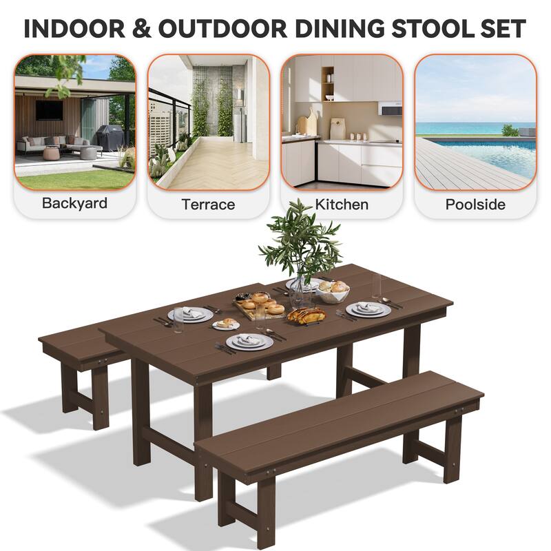 3-Piece HDPE Outdoor Dining Set with Umbrella Hole Table and Two 2-Person Benches