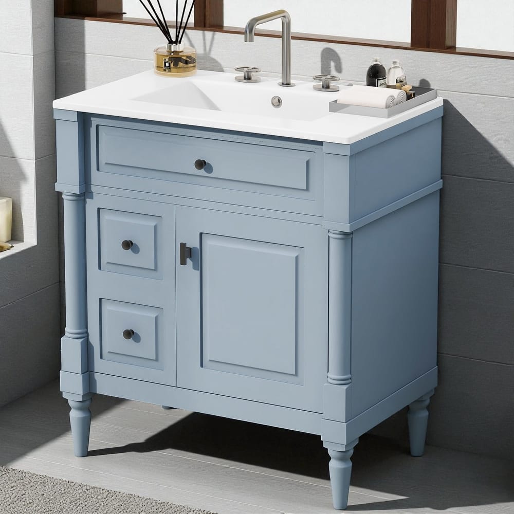 30" Freestanding Bathroom Vanity with Ceramic Sink, Solid Rubberwood Frame, Flip Drawer & Adjustable Shelf