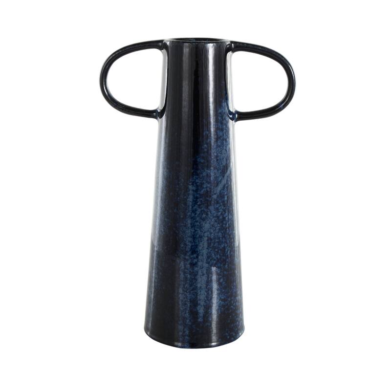 Dark Blue Ceramic Textured Cone Decorative Vase with Curved Handles