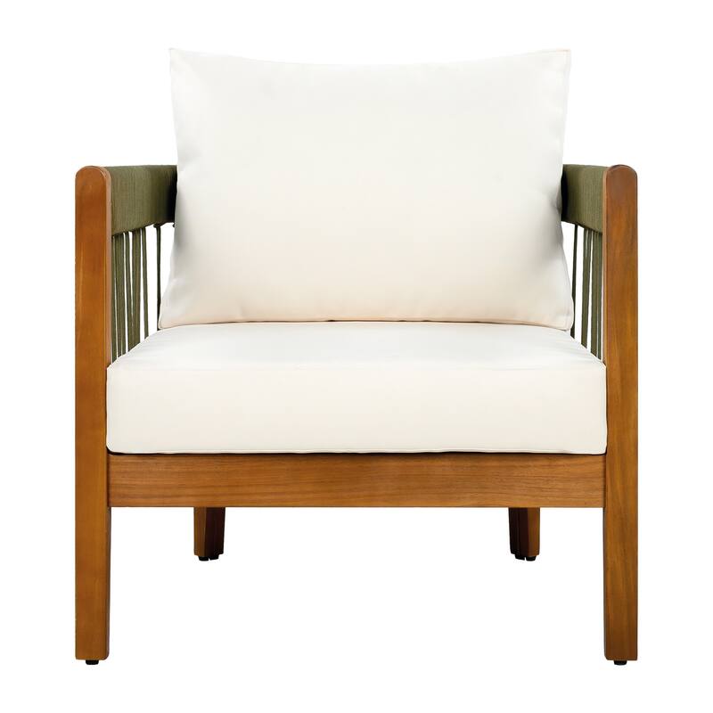 Acacia Wood Outdoor Club Chair with Handwoven Rope Accents & Curved Backrest, Water-Resistant Boho Patio Lounge Chair