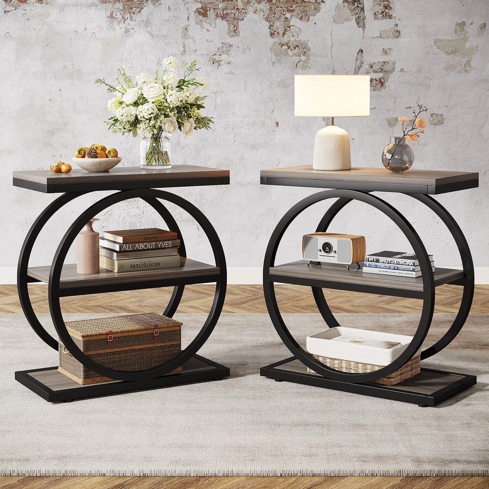 23.62 Inches Brown Wooden End Table with Geometric Base for Living Room, Industrial Nightstand for Bedroom