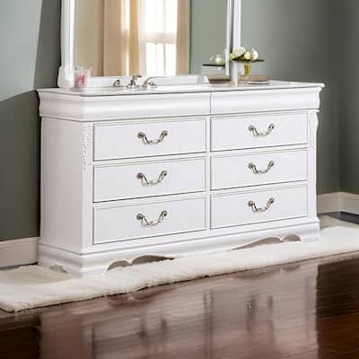 Aleci 54 Inch Wide Dresser Chest, 6 Drawers, Carved Detail, Wood, White