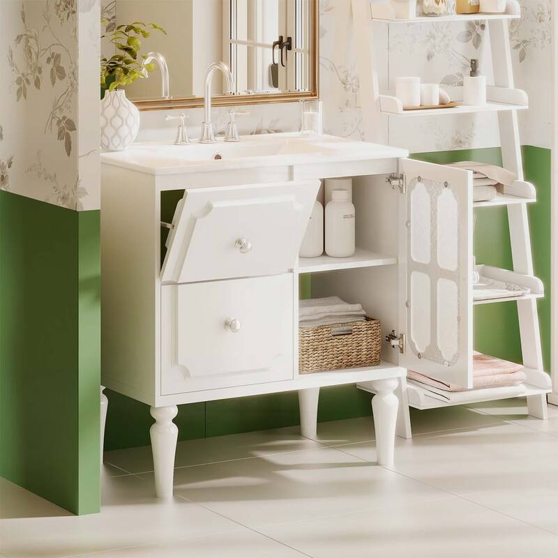 Freestanding Single Vanity with Ceramic Sink,with 2 Drawers and Storage Cabinet