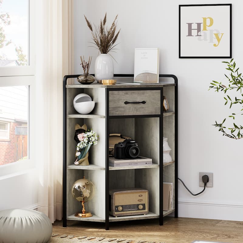 Corner Cabinet with Drawer Wooden Storage Cabinet Organizer with USB Ports and Outlets - 30" L x 21.8" W x 35.46" H - 30" L x 21.8" W x 35.46" H - Grey - MDF