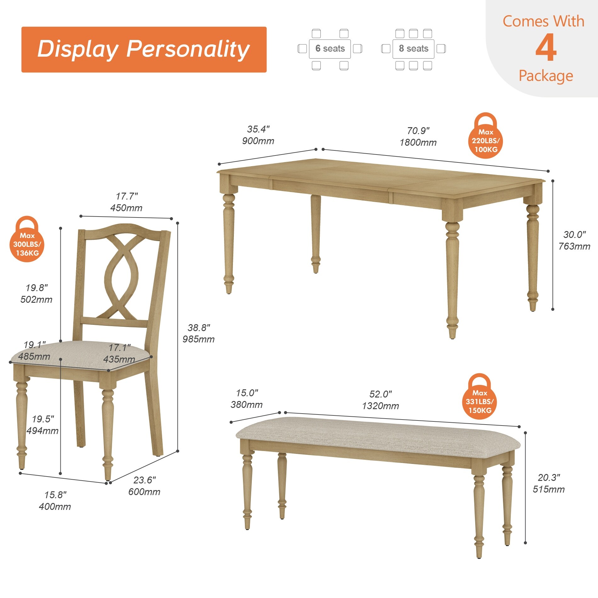 5-Piece Dining Table Set, Farmhouse Wood Dining Room Set for 6