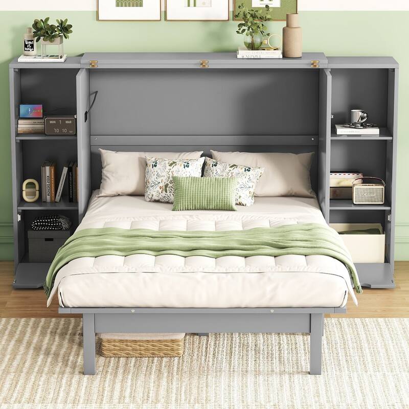Space-Saving Queen Murphy Bed with Shelves, Drawers, and USB Ports
