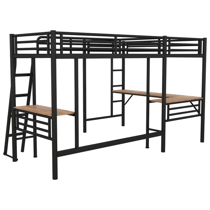 Black Twin Size Double Loft Bed with 2 Built-in Desks, Metal Loft Bed Frame with Safety Guardrails, Space-Saving Noise Free