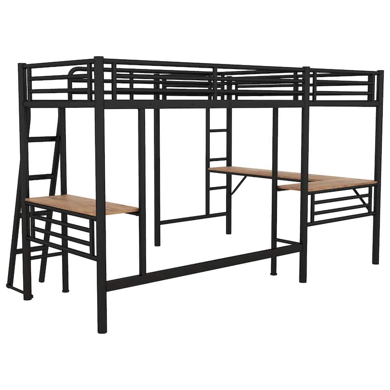 Roomfitters Twin Metal Loft Bed with Dual Desks and Integrated Workspace Design for Small Rooms, Black