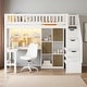 preview thumbnail 1 of 26, Twin Loft Bed in Walnut with Integrated L-Shaped Desk, LED Lighting, Multi-Tier Storage Shelves, Cabinets, and Staircase White