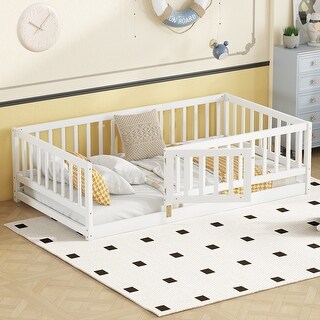 Twin Size Floor Bed, Montessori Floor Bed with Fence and Door, Kids Montessori Bed Twin Size