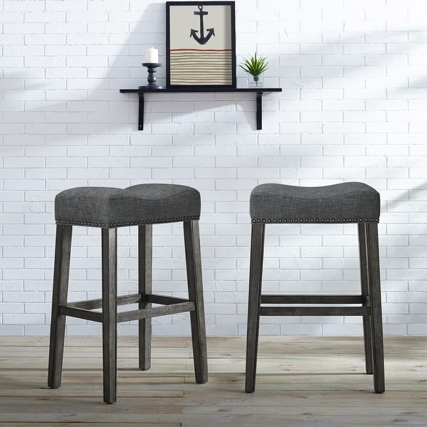 Pair of Two French Country Oak Bar Stools w Black Seat Barstools