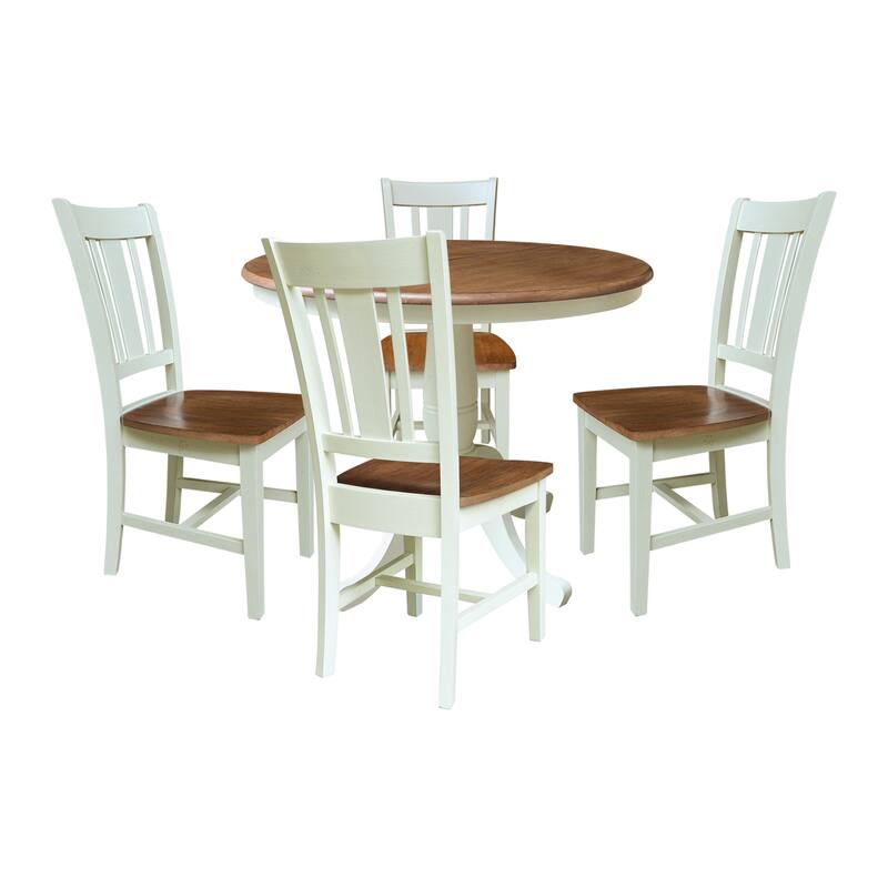 36" Round Top Pedestal Ext Table with 12" Leaf and San Remo Chairs - 4 Chairs - Hickory/Shell
