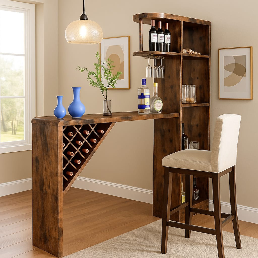 Bar Height Table, Glass Racks w Bottle Holders, 73 Inch Classic Brown