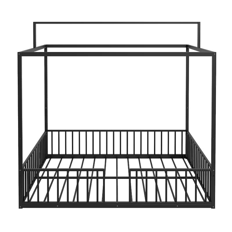 3-in-1 Convertible Metal Bed for Kids, Toddler Floor Bed, Fenced Bed and Montessori Elevated Bed with House-shaped Frame
