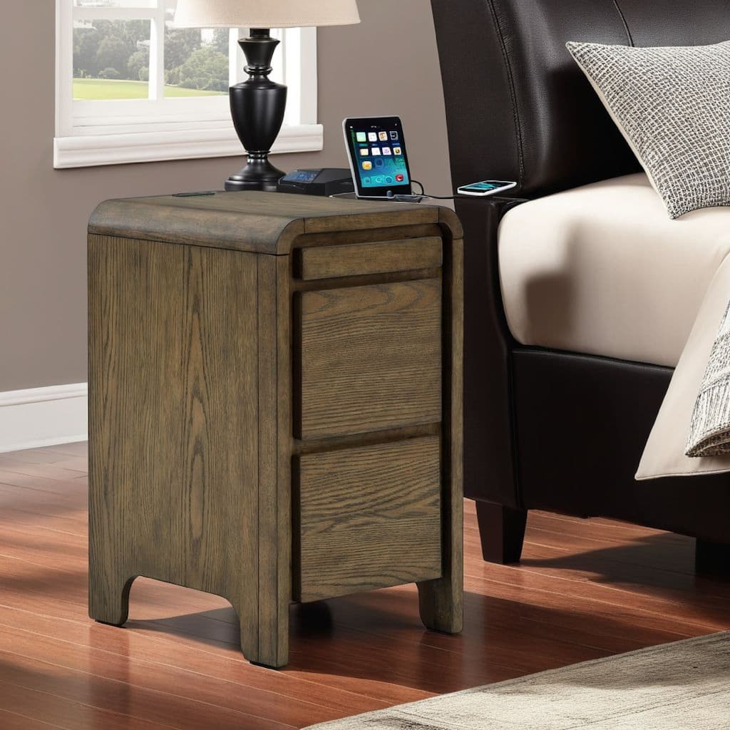 Accent Table, USB Charging Ports, 17 Inch Warm Brown Wood Veneer