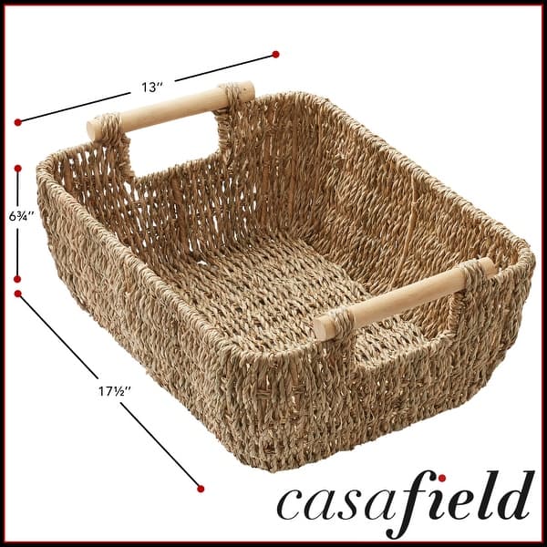 dimension image slide 4 of 8, Hyacinth Seagrass Oval Storage Baskets with Wooden Handles Woven Bins
