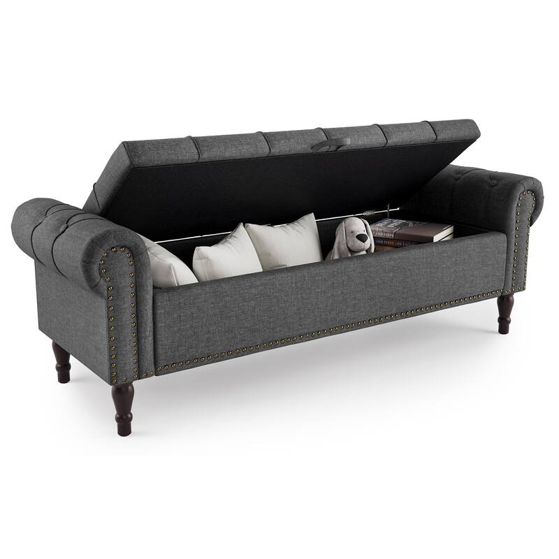 Modern Velvet Upholstered Storage Bench with Silver Nailhead Trim