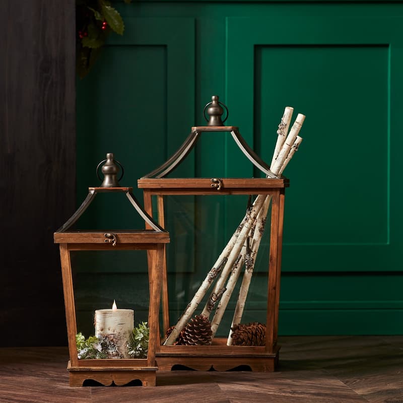 Wooden Lantern (Set of 2) - 13.5 x 10 x 30.5; 9.5 x 6.5 x 24