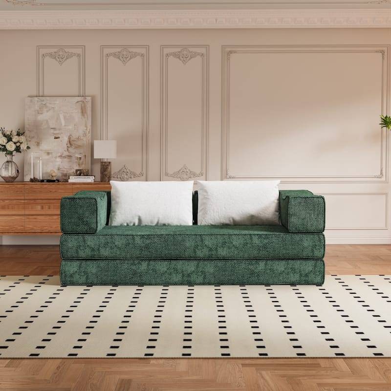 80" Convertible Sofa Bed with 2 Pillows, 2-Seat Folding Floor Couch, Multifunctional Chenille Loveseat Living Room Sleeper Sofa