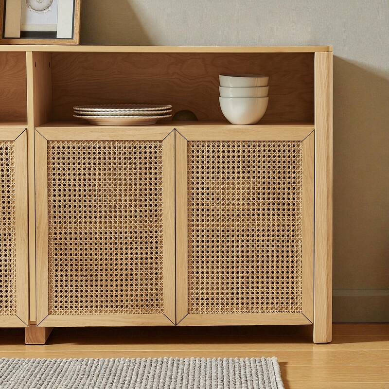 63" Mid-Century Modern Rattan Sideboard Buffet Cabinet with Adjustable Shelves, Storage Credenza for Living Room