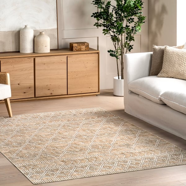 slide 2 of 15, Nuloom Úna Lattice SplashGuard Machine Washable Area Rug 5' x 8' - Tan - Rectangle
