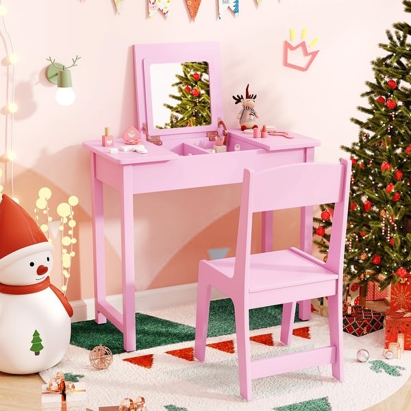slide 2 of 9, 2-in-1 Vanity Desk and Chair for Kids with Flip-Top Mirror and Organizer - 27.5" x 13.5" x 24" 2-4 Years