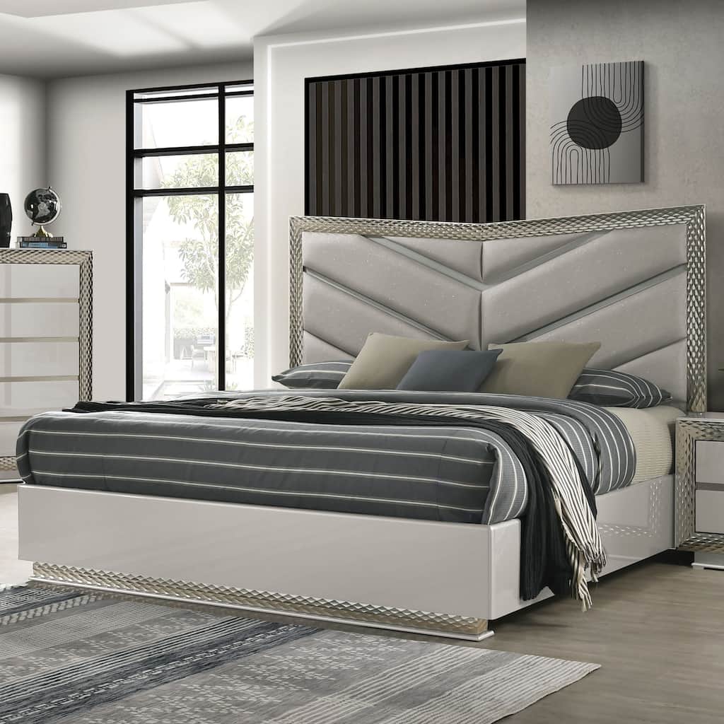 Furniture of America Urene Glam Grey Wood Platform Bed with LED on Padded Chevron Headboard