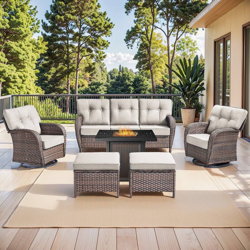 Pocassy Outdoor 30 In Fire Table with Sofa Swivel Chair Set - Brown Wicker Beige Cushion - 8-Piece Sofa Swivel Chair Ottoman with Fire Table