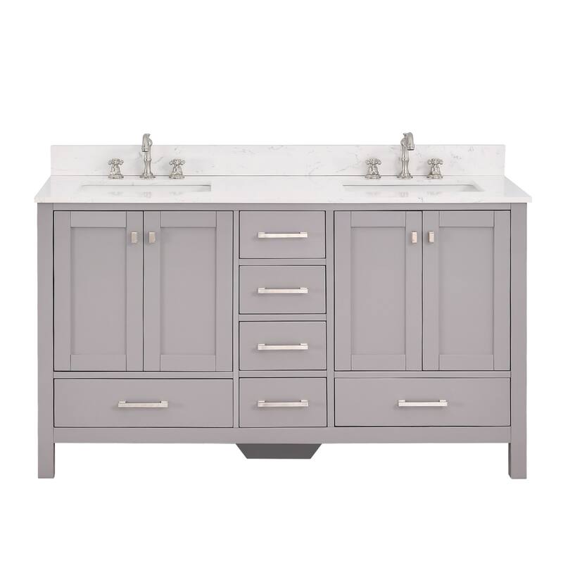 PROOX 60" Bath Cultured Marble Vanity Top Double Rectangle Sink - Arabescato White - Grey