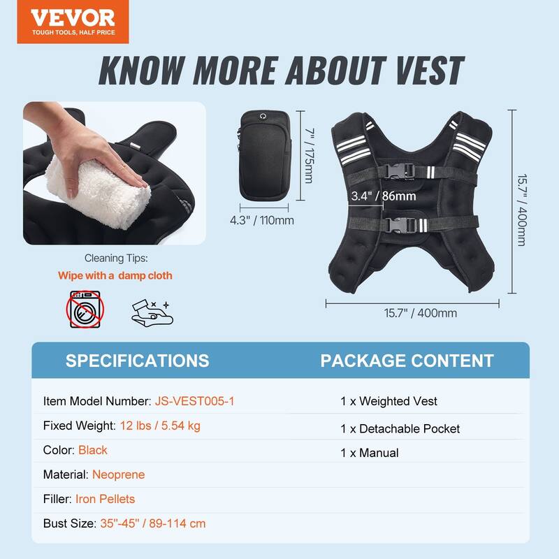 Black Neoprene Weighted Vest 30lbs with Pockets and Reflective Strips