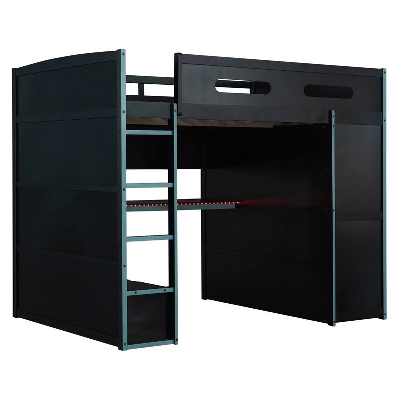 Full Size Wood Loft Bed with Desk, Wardrobe, Ample Storage Space, and RGB Light
