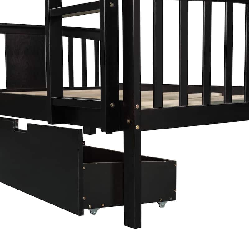 Multi Children Convertible Bunk Bed into 2 Full Size Platform Beds, Full Over Full Wooden Bed Frame with Drawers and Ladder