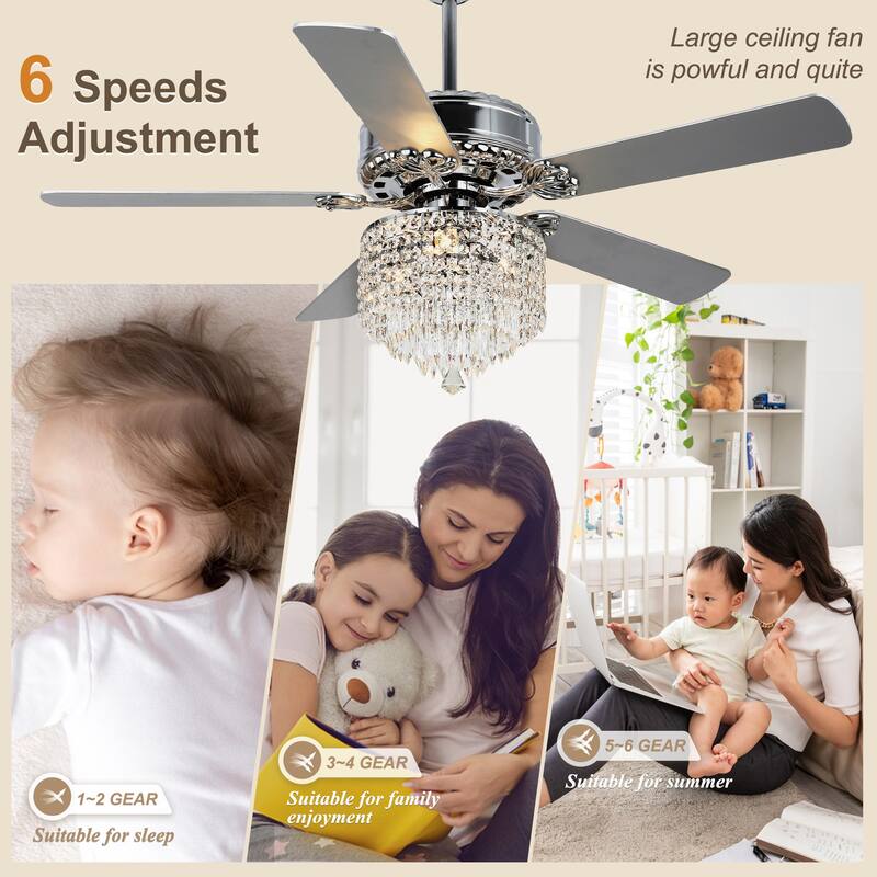 52" Modern Indoor Reversible Crystal Drum Ceiling Fan with Remote Control and Light Kit 6-speed DC Motor