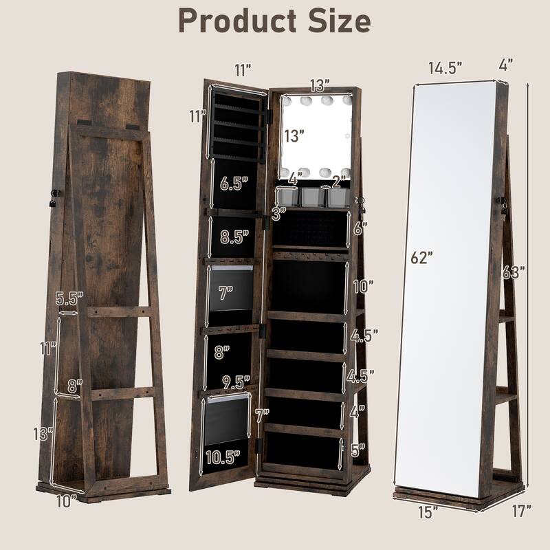 360 Rotating Full Length Mirror Jewelry Cabinet with LED Lights and Ample Storage Shelves - 17" x 15" x 63"