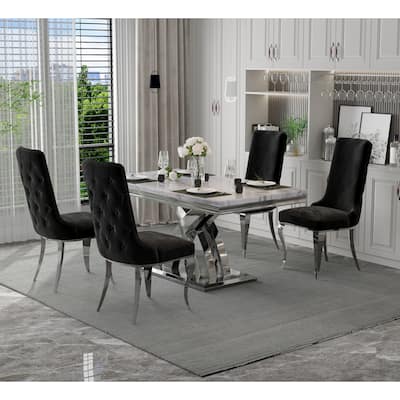 Silver Dining Room Table Set with 65 inch Table and Black Velvet Dining Chairs