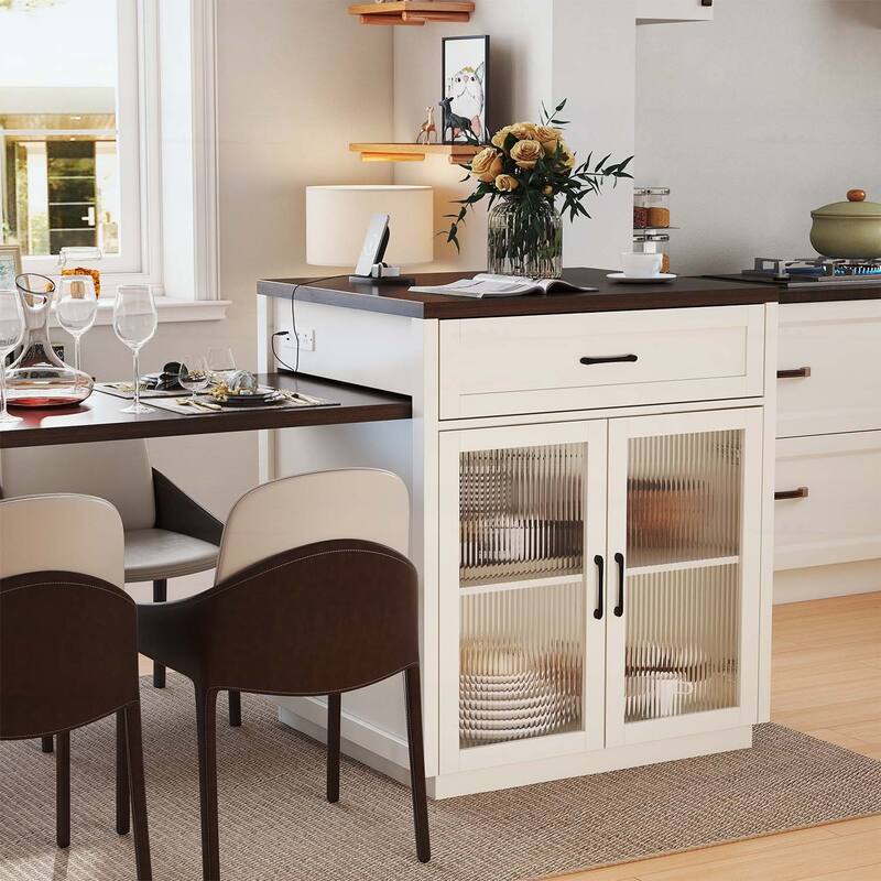 Extendable Dining Table with Tempered Glass Doors,Power Outlet