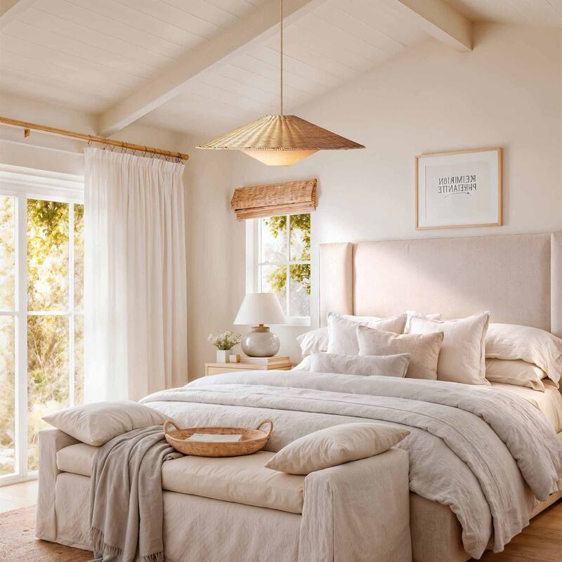 Sunny Rattan Pendant Light - Natural Large Cone 1-Light Handwoven Light Fixture For Modern, Transitional, Farmhouse Room Décor