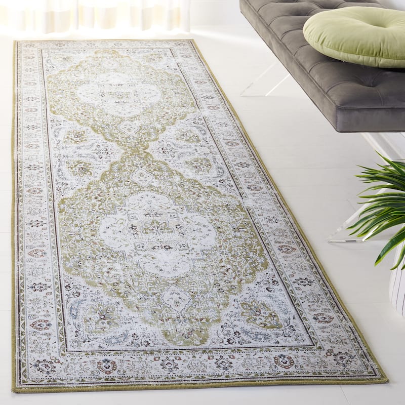 SAFAVIEH Tucson Machine Washable Slip Resistant Willa Traditional Rug - 2'6" x 10' Runner - Green/Beige
