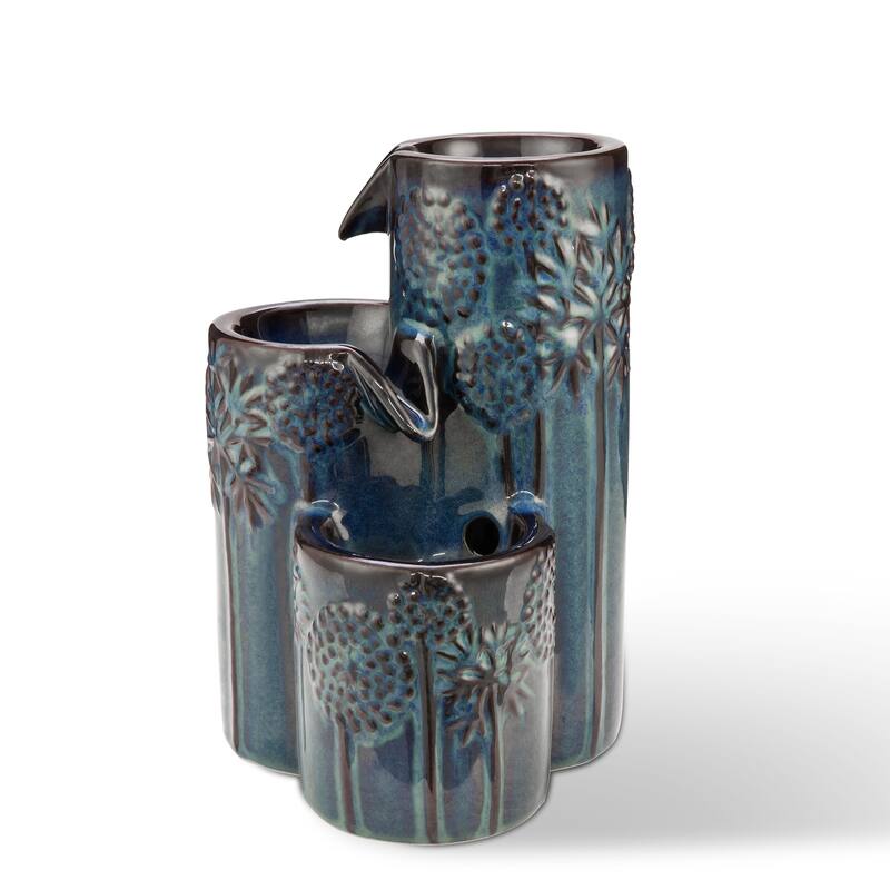 Glitzhome 10"H 3-Tier Turquoise Ceramic Tabletop Fountain with Pump and LED Light