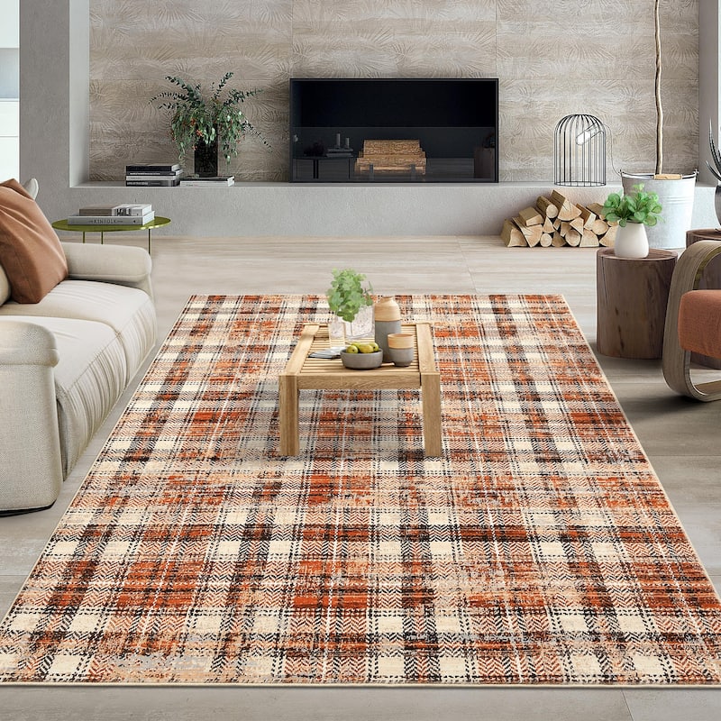 Garvee Earthy Plaid Soft Low Pile Foldable Area Rug
