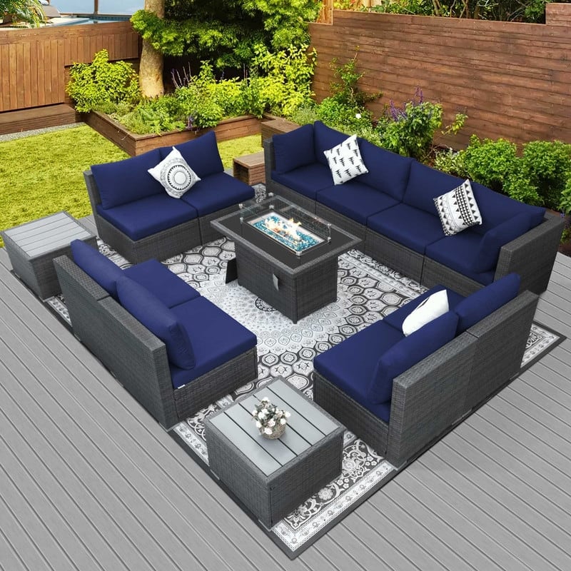 FINCATI Outdoor Grey Wicker Sectional Furniture Patio Sofa Set with Firepit Table - 13 PCS-A - Navy Blue