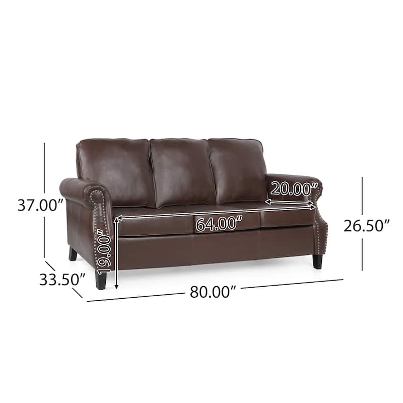 Modern 80" Faux Leather 3-seater Sofa with Birch Wood Legs and Nailheads for Living Room