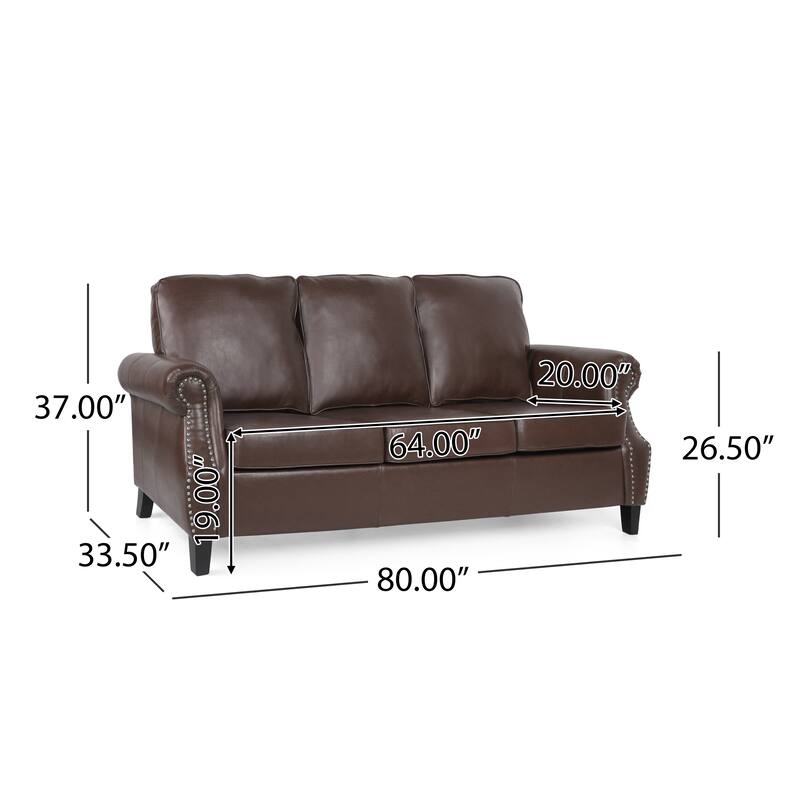 Roomfitters 3 Seater Classic Faux Leather Sofa with Rolled Arms and Nailhead Trim for Living Room or Study