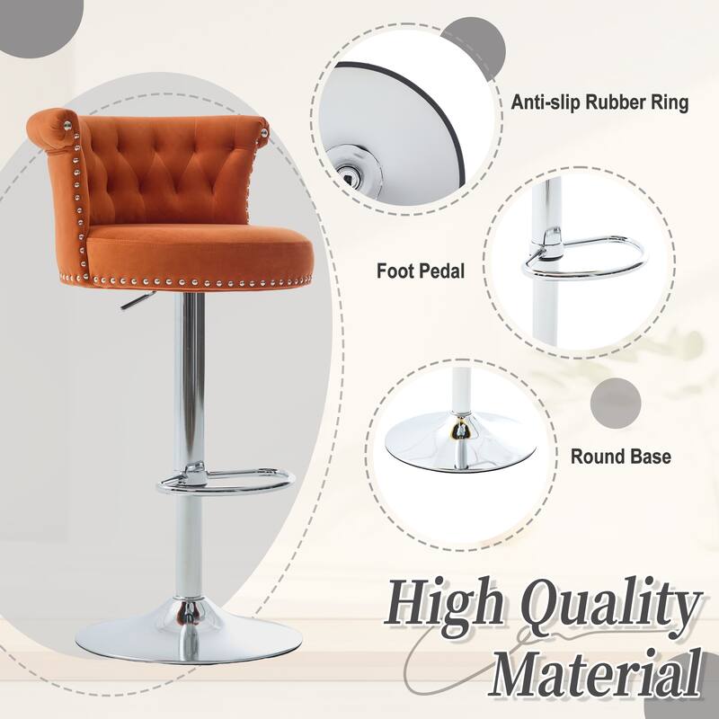 Velvet Upholstered Bar Stool Set of 2, Adjusatble Height Swivel Bar Stools, Dining Chairs with Curved Backrest & Footrest