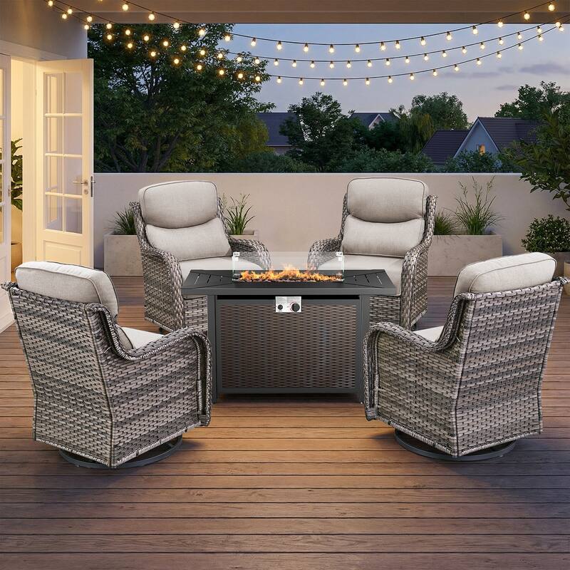 Pocassy Patio Sofa Swivel Chair Set with 43" Fire Pit Table - Gray Wicker Beige Cushion - 5-Piece Swivel Chair w/ Fie Pit Table