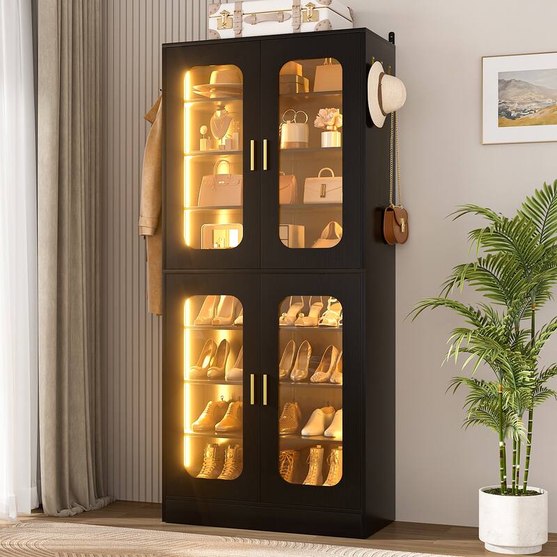 8-Tier Shoe Cabinet with LED Light, 32 Pairs Tall Shoe Storage Organizer with Side Hooks - Black - 1pc