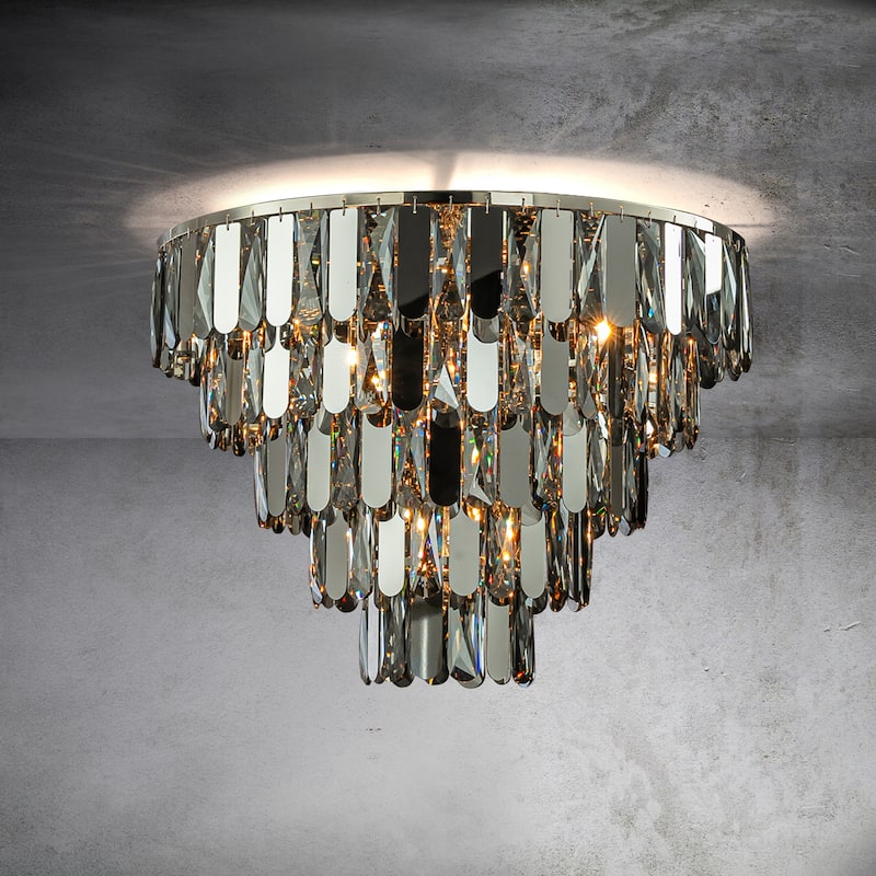 CraftHome Dimmable Smoked Crystal Flush Mount Ceiling Light Chandelier with Polished Nickel Finish and Stainless Steel Accents - W21"