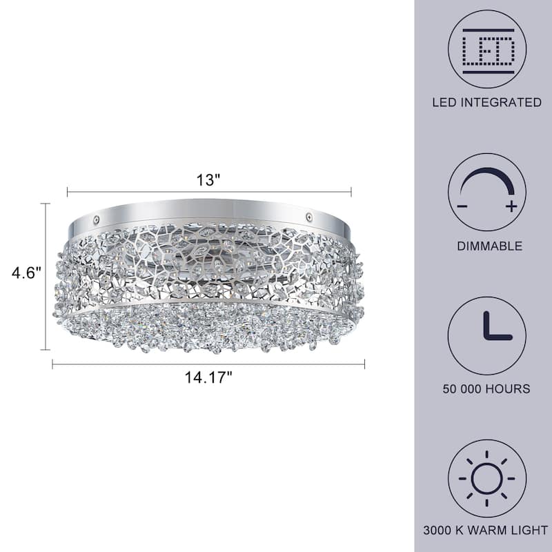 LED Flush Mount Ceiling Light with Stainless Steel Shade and Crystal - Dia.14.17-in